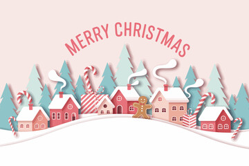 A charming Merry Christmas village scene with pastel houses, festive decorations, and a gingerbread man, designed to evoke the joy and warmth of the holiday season.