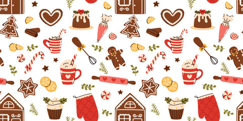 Seamless pattern with Christmas baking. Gingerbread house, sweets, rolling pin, hot chocolate, gingerbread cookies. Flat vector illustration.