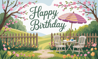 A picturesque garden scene featuring a birthday setting with an umbrella, table, and vibrant flowers, perfect for a cheerful celebration in nature's beauty.