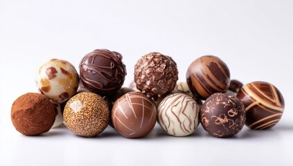 A cluster of assorted gourmet chocolate truffles, varying in color, texture, and design, rests on a white background.  Each truffle displays unique swirling patterns and toppings