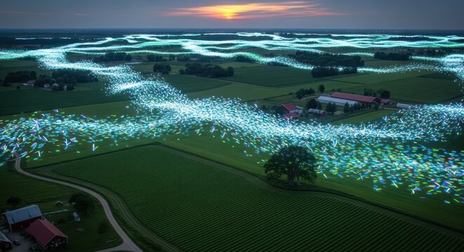 An ethereal digital data stream visualizing a vast landscape with cultivated fields and farmhouses