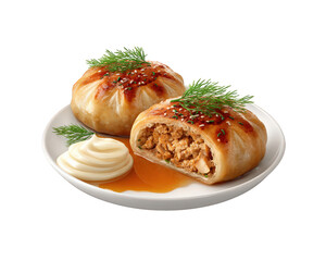 Savory and delicious Asian food appetizer featuring tuna dumpling on plate with sauce. This appetizing and fresh gourmet meal looks perfect for lunch or dinner