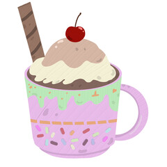Oilpaint illustration - A fun and colorful illustration of ice cream in a cup, topped with a cherry, chocolate stick, and colorful sprinkles