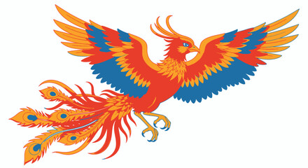 Obraz premium Vibrant Phoenix Illustration with Fiery Plumage and Majestic Wings Spread, Suitable for Mythological Art, Fantasy Graphics, and Symbolism Projects.