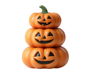 Cheerful stack of three orange carved pumpkin jack o lanterns. Smiling Halloween decoration for autumn season, isolated on background, fun festive symbol