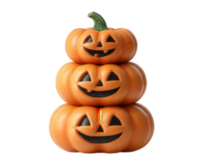 Cheerful stack of three orange carved pumpkin jack o lanterns. Smiling Halloween decoration for autumn season, isolated on background, fun festive symbol