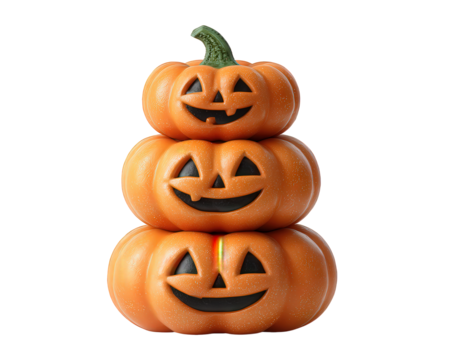 Cheerful stack of three orange carved pumpkin jack o lanterns. Smiling Halloween decoration for autumn season, isolated on background, fun festive symbol