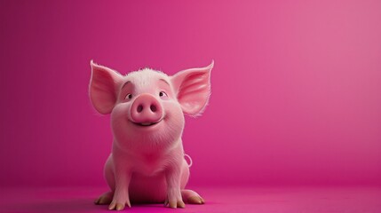 Cute cartoon pig against vibrant pink background