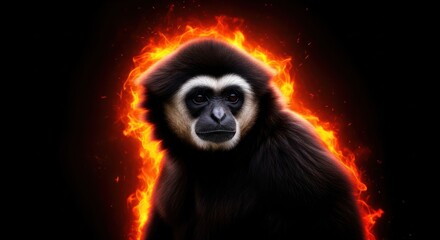 Fototapeta premium Gibbon engulfed in ethereal flames against a dark backdrop evoking mystical power