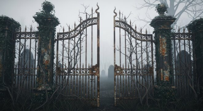 Mysterious graveyard gates, shrouded in mist, evoke a sense of forgotten history and solemn