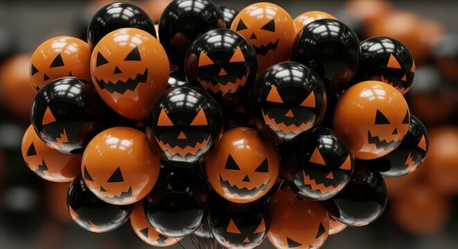Festive halloween celebration balloons with spooky jack-o'-lantern faces and glossy surfaces