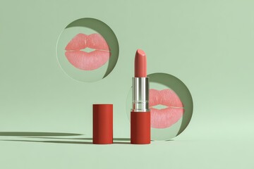 A coral lipstick rests on a pale green surface, partially opened, with two cutout circles showcasing lip prints behind it, casting subtle shadows