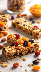 Fototapeta premium Several granola bars, bursting with dried fruit and nuts, are arranged on a light-colored surface.