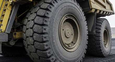 Close-up of massive, dirty tires and rugged chassis of a heavy-duty mining dump truck, showcasing industrial power and robust construction in a working environment.