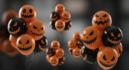 Fototapeta premium Festive halloween mood spooky jack o lantern balloons float against a muted backdrop