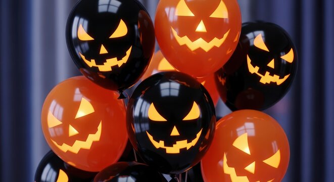 Festive halloween gathering black and orange balloons featuring spooky jack-o'-lantern faces for
