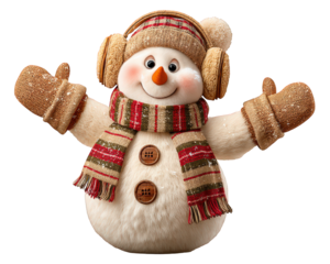 Happy snowman clipart with earmuffs and cozy winter scarf. This cute character with carrot nose and mittens offers cheerful, friendly greeting for holiday