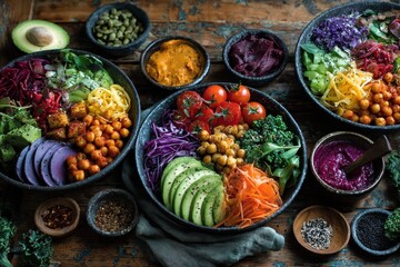 Assortment of Colorful Vegan Buddha Bowls with Fresh Vegetables and Dips on Rustic Wood