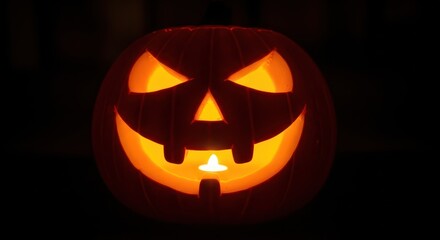 Fototapeta premium Glowing jack-o'-lantern with eerie carved face illuminating the dark celebration of autumn festivity