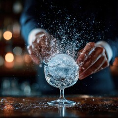 Bartender expertly tossing ice into cocktail glass, creating water splash.