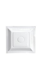 A pristine, square, white packaging design features subtle embossed detailing and a central circle.