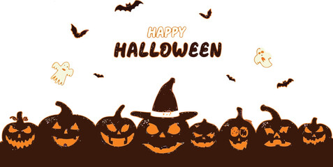 Happy Halloween wishes with spooky pumpkins, bats, ghosts, and cobwebs on orange background