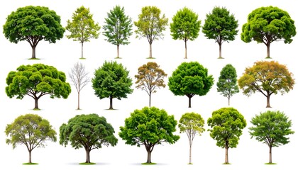 Collection of various trees, displayed against a pure white background, showcasing diverse shapes and shades of green foliage.