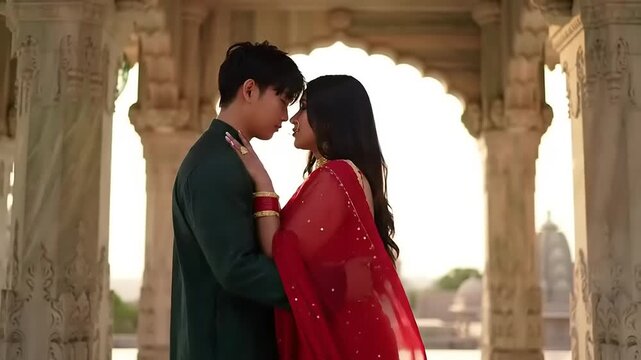 Couple romance with Indian temple, and sunset.