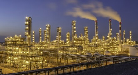 Panoramic night view of a sprawling illuminated petrochemical refinery complex with glowing distillation columns and smoking chimneys against a twilight sky