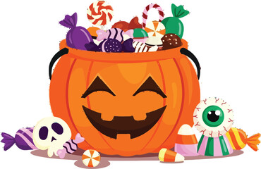 Happy Halloween pumpkin bucket overflowing with colorful candy treats and spooky decorations