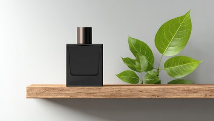 A dark glass perfume bottle with a metallic cap sits on a light wood shelf beside vibrant green leaves against a minimalist white wall