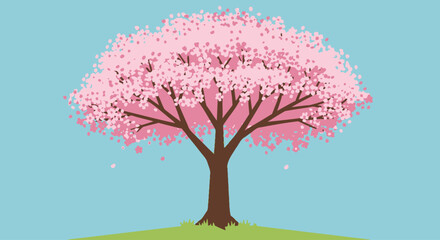 Obraz premium Serene Cherry Blossom Tree Illustration Against a Soft Blue Sky, Ideal for Springtime Designs and Nature-Themed Projects, Promoting Tranquility and Beauty