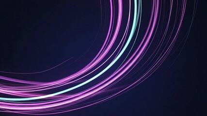 Glowing magenta and teal light trails curve across a dark background forming a dynamic abstract pattern Thicker vibrant lines intermingle with thinner subtle ones