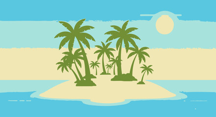 Obraz premium Serene Tropical Island Illustration Featuring Palm Trees, Blue Waters, and Sandy Beach. Ideal for travel brochures, vacation promotions, or tropical themed digital designs.