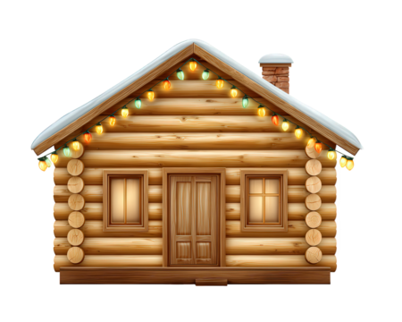 Cozy winter holiday log cabin decorated with festive light for warm celebration. This cottage features snowy roof, chimney, and glowing window for peaceful mood