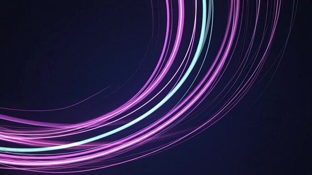 Glowing magenta and teal light trails curve across a dark background forming a dynamic abstract pattern Thicker vibrant lines intermingle with thinner subtle ones