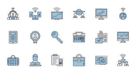 Modern business icons set representing finance, data, teamwork, and global connectivity for professional use