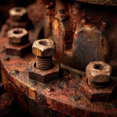 Close-up Macro of Rusted Metal Bolts and Nuts on Industrial Machinery