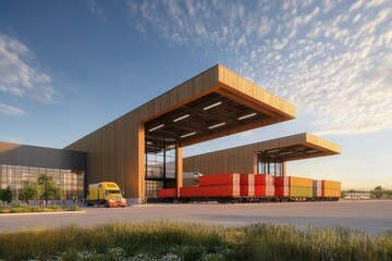 Obraz premium Modern Warehouse with Shipping Containers and Truck in Landscape