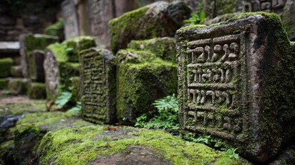 Moss-covered stones with inscriptions sit among other weathered relics