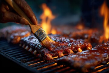Close-up of a hand basting juicy ribs on a grill with flames in the background