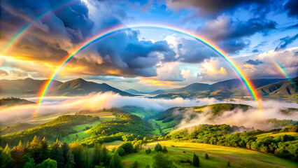 Vibrant double rainbow arcs over lush green valley with misty mountains
