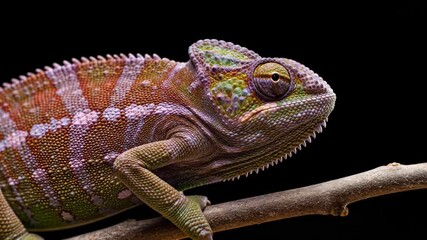 A blue  green chameleon rests on a branch its textured skin detailed against a black background Focus on the reptiles head  body