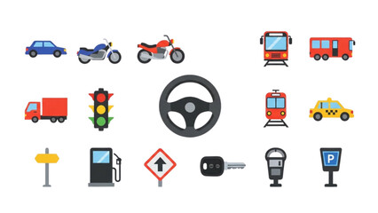 Illustration of various transportation vehicles and road signs in a cartoon style design format
