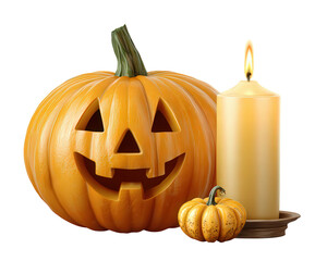 Spooky smiling jack o lantern pumpkin with glowing candle light. traditional Halloween decoration for autumn fall season creating festive and fun atmosphere