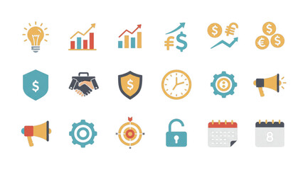Illustration of business icons including bulb, chart, money, handshake, clock, and calendar