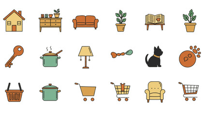 Illustration showing house, furniture, plants, pet items, and shopping carts in a cartoon style