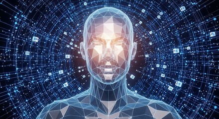 Digital human with glowing face and data network background.