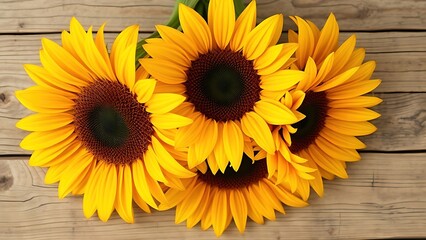 Sunflower arrangement on a rustic wooden surface with warm yellow tones.