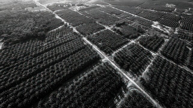 Aerial grayscale image of agricultural fields, showing rows of trees, roads, and varied textures